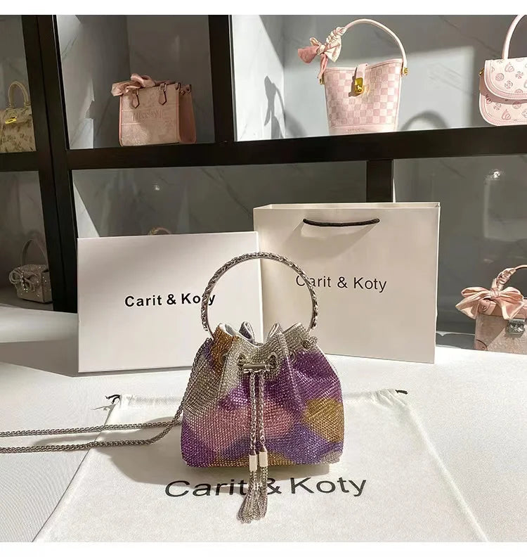 Fashion Metal Ring Handle Bucket Bag | Glitter Shiny Diamond Evening Purse | Luxury Rhinestone Wedding Party Clutch & Crossbody Bag (Model SHRF38) Luxegan