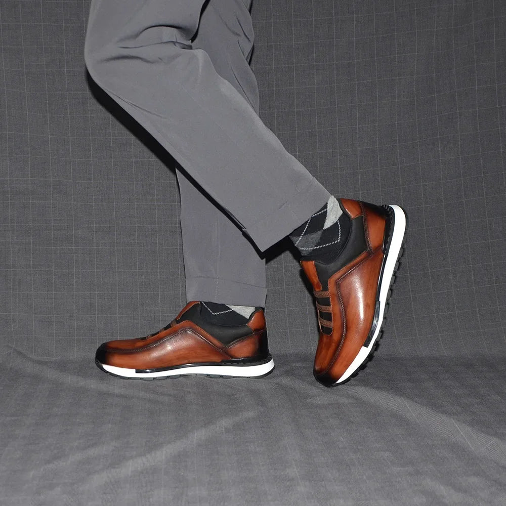 Classic Brand Design Men's Sneakers | Sophisticated Genuine Cow Leather Loafers | Elegant "Handmade Color Block" Silhouette | "Dignified" Breathable Slip-On Shoes for Radiant Versatile Styling Luxegan