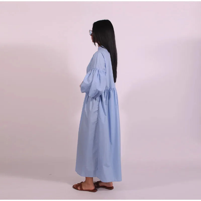 Solid O-Neck Full-Length Flare Sleeve Loose Fit Floor-Length Dress – Natural Waist, All Season | Multi-Style Luxegan