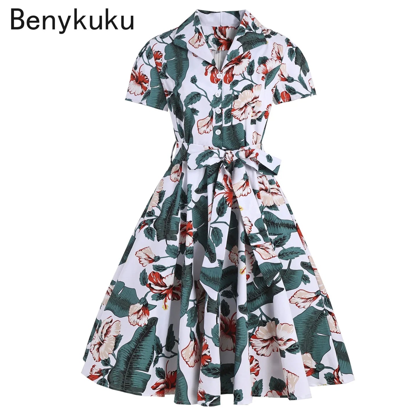 Hepburn Style Lemon Printed Vintage Dresses 1950s 60s Office 2025 Turn Down Collar Short Sleeve Tunic A-Line Belted Cotton Dress
