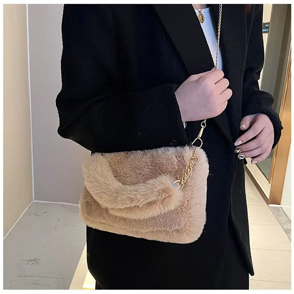 Fashion Women’s Fluffy Shoulder Bag | Sophisticated Winter Plush Underarm Bag | Elegant Solid Color Handbag with Chain Detail | Soft Handle Bag for Parties and Social Events Luxegan