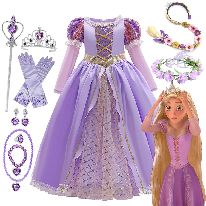 Girls' Rapunzel Princess Costume Dress | Kids Tangled Cosplay Carnival Disguise Gown | Short-Sleeve Ankle-Length Birthday Party Outfit for 2-10 Years Luxegan