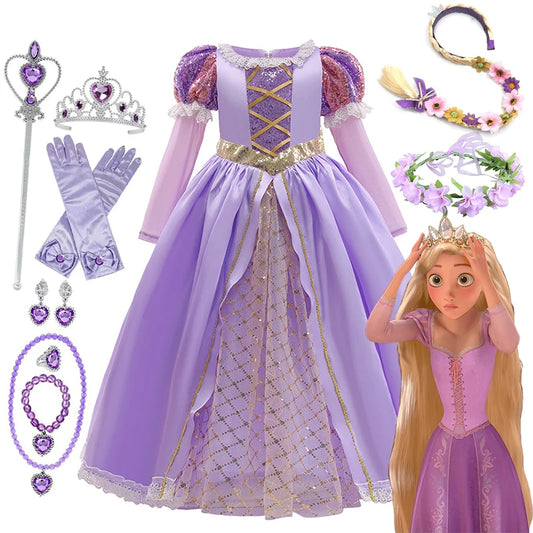 Girls' Rapunzel Princess Costume Dress | Kids Tangled Cosplay Carnival Disguise Gown | Short-Sleeve Ankle-Length Birthday Party Outfit for 2-10 Years Luxegan