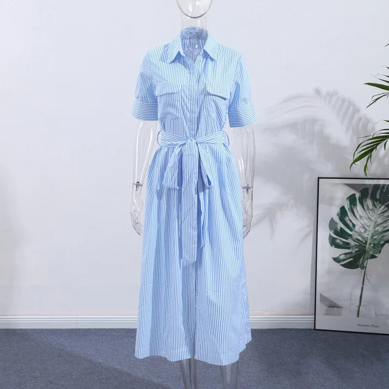 Striped Turn-Down Collar Short Sleeve Button Single-Breasted Regular Fit A-Line Ankle-Length Dress – Natural Waist, Summer Luxegan