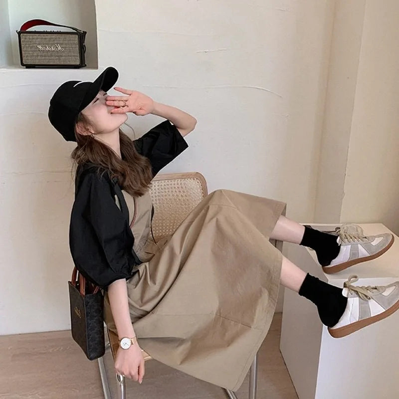 Women's Spring Summer Workwear Overalls Two-Piece Set | Trendy Bubble Puff Sleeve Streetwear Suit | Chic Salt System Casual Outfit | Premium Loose Fit O-Neck Mid-Calf Fashionable Set Luxegan
