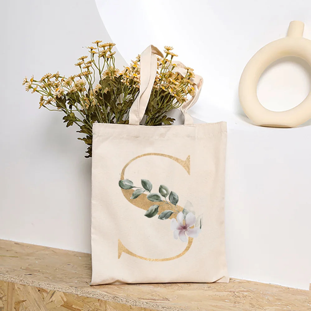 Leaves Plant Initial Print Canvas Tote Bag | Reusable Summer Beach & Shopping Handbag with Hasp Closure Luxegan