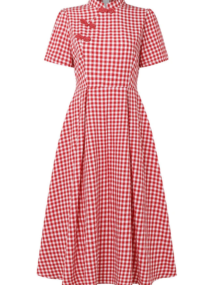 Plaid Stand Collar Short Sleeve Frog Button Regular Fit A-Line Mid-Calf Dress – Empire Waist, Summer Luxegan