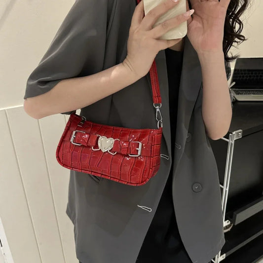 Women's Y2K Peach Heart Butt Leather Handbag | Alligator Pattern Underarm Shoulder Bag with Heart Pin Buckle (Fashion Girls Mini Tote) Luxegan