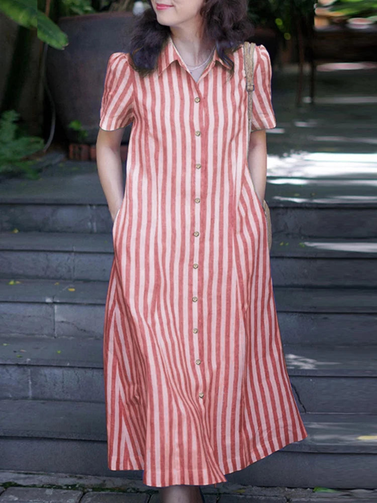 Striped Lapel Shirt Midi Dress | Short Sleeve Button-Down Work & Casual Sundress Luxegan