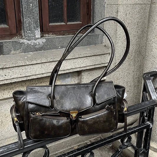 Vintage Underarm Bag for Women | Soft Split Leather Multi-Pocket Shoulder Handbag (Luxury Designer, Half Moon Shape) Luxegan