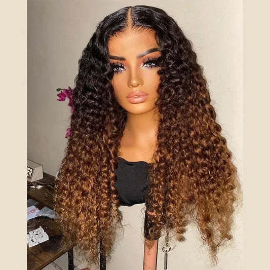 26-Inch Soft Brown Ombre Kinky Curly Wig | Sophisticated "Soft Transition" Lace Frontal | Elegant "High-Temperature Fiber" Silhouette | "Dignified" Pre-Plucked Glueless Synthetic Hair for Radiant Versatile Styling Luxegan