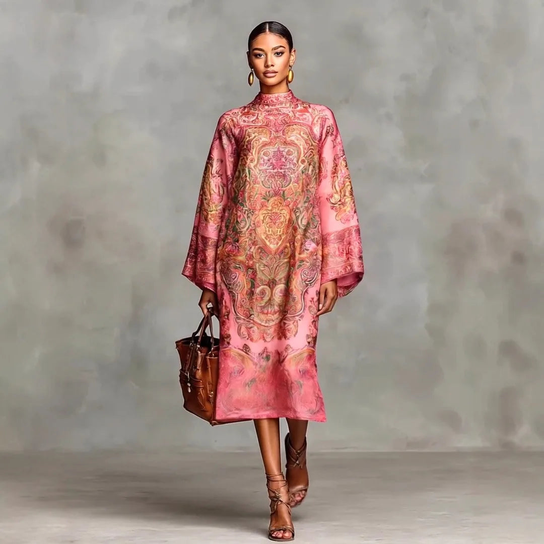 Women's Geometric Print Flare Sleeve Maxi DressLuxegan
