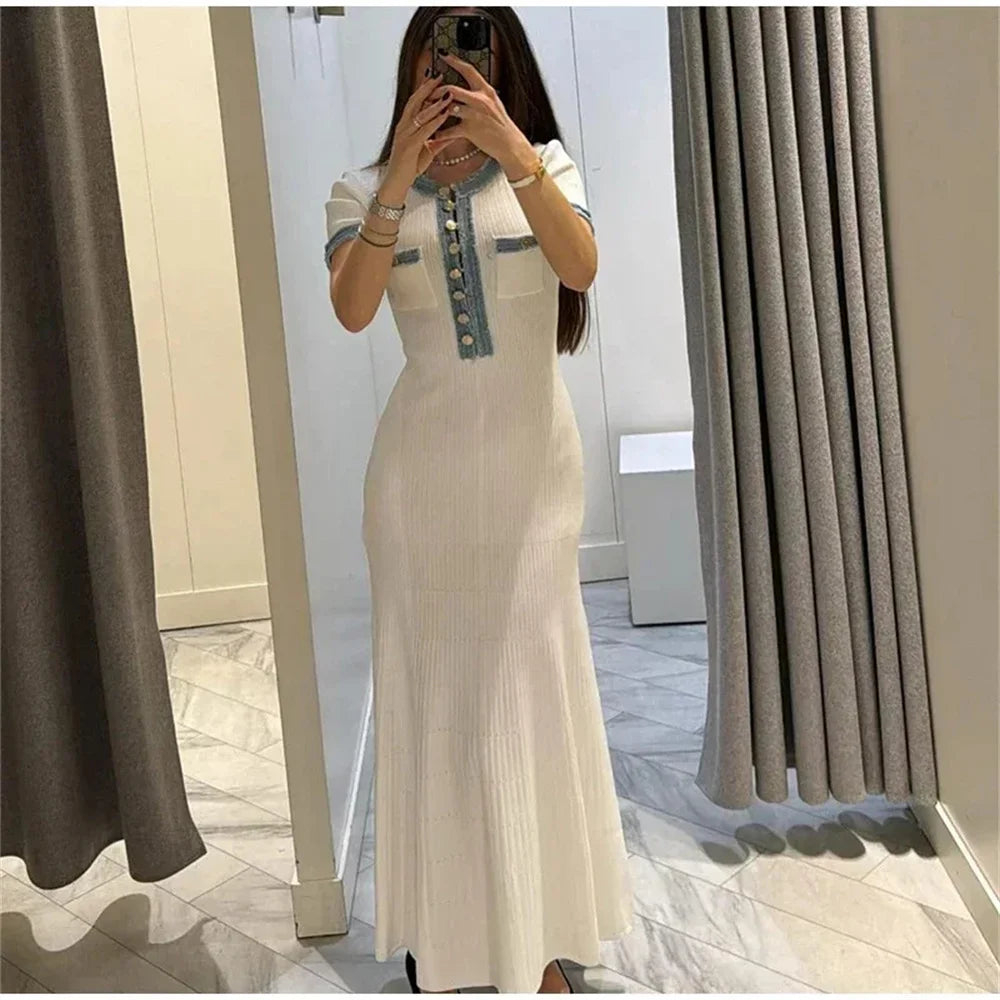 Contrast Knit Bodycon Maxi Dress | O-Neck Short Sleeve Metal Button Sheath Dress with Pockets Luxegan