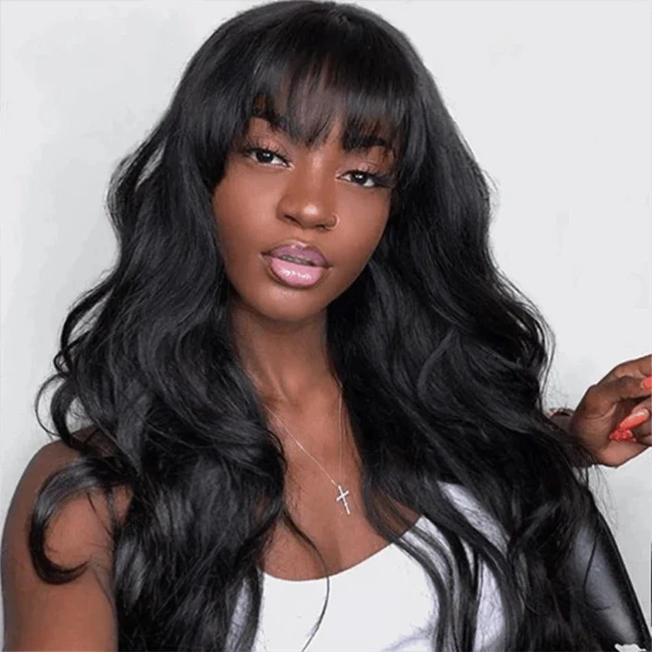 12A Grade Body Wave Human Hair Wig with Bangs | 100% Peruvian Remy Human Hair Glueless Wig | Fully Machine-Made High-Density Body Wave Wig for Women Luxegan