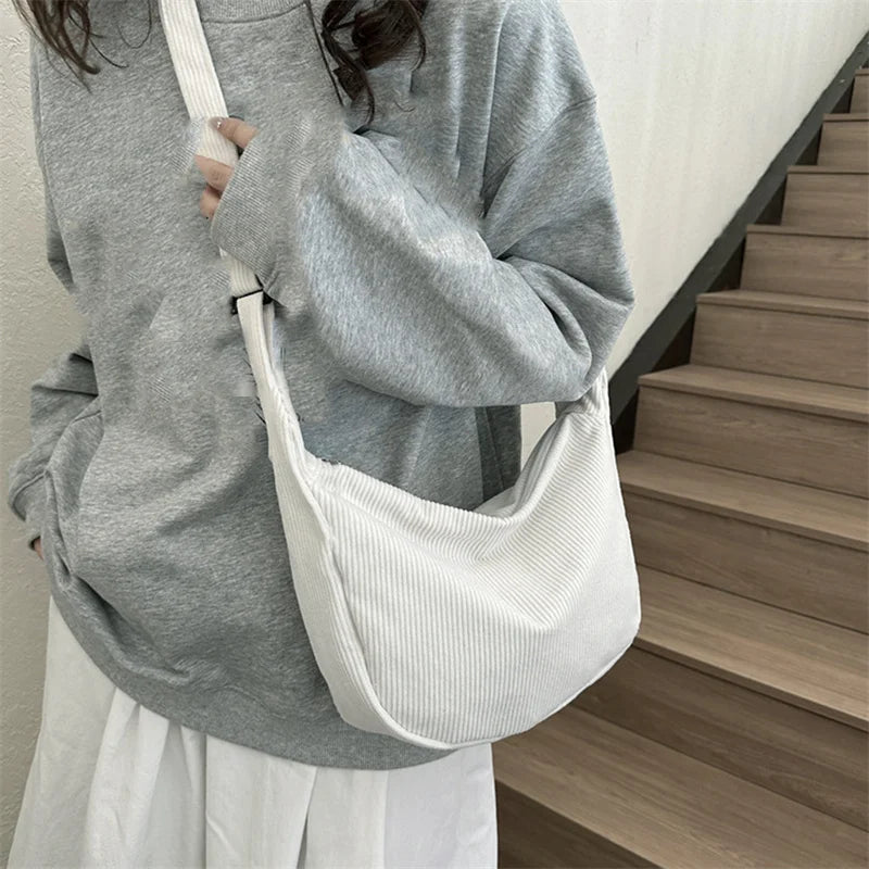 Japanese Literary Corduroy Dumpling Bag | Minimalist "Lazy Wind" Crossbody & Shoulder Bag | Unisex Korean-Style Casual Tote for Students Luxegan