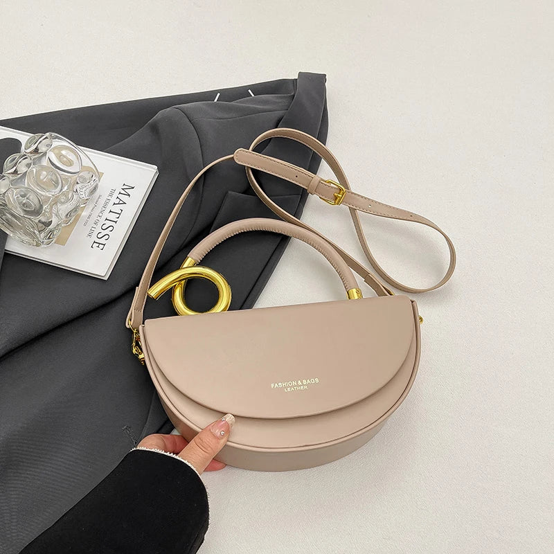 Designer Semicircle Saddle Crossbody | Small Hard PU Leather Handbag Luxegan