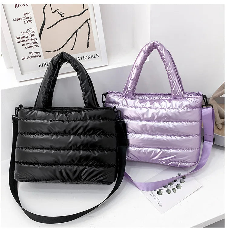 New Puffer Tote Bag for Women | Quilted Puffy Handbag & Lightweight Down Cotton Padded Shoulder & Crossbody Bag Luxegan