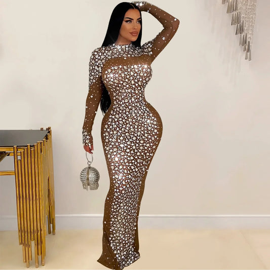 Rhinestone Mesh Bodycon Maxi Dress | Long Sleeve Diamond Evening Birthday Dress Luxegan