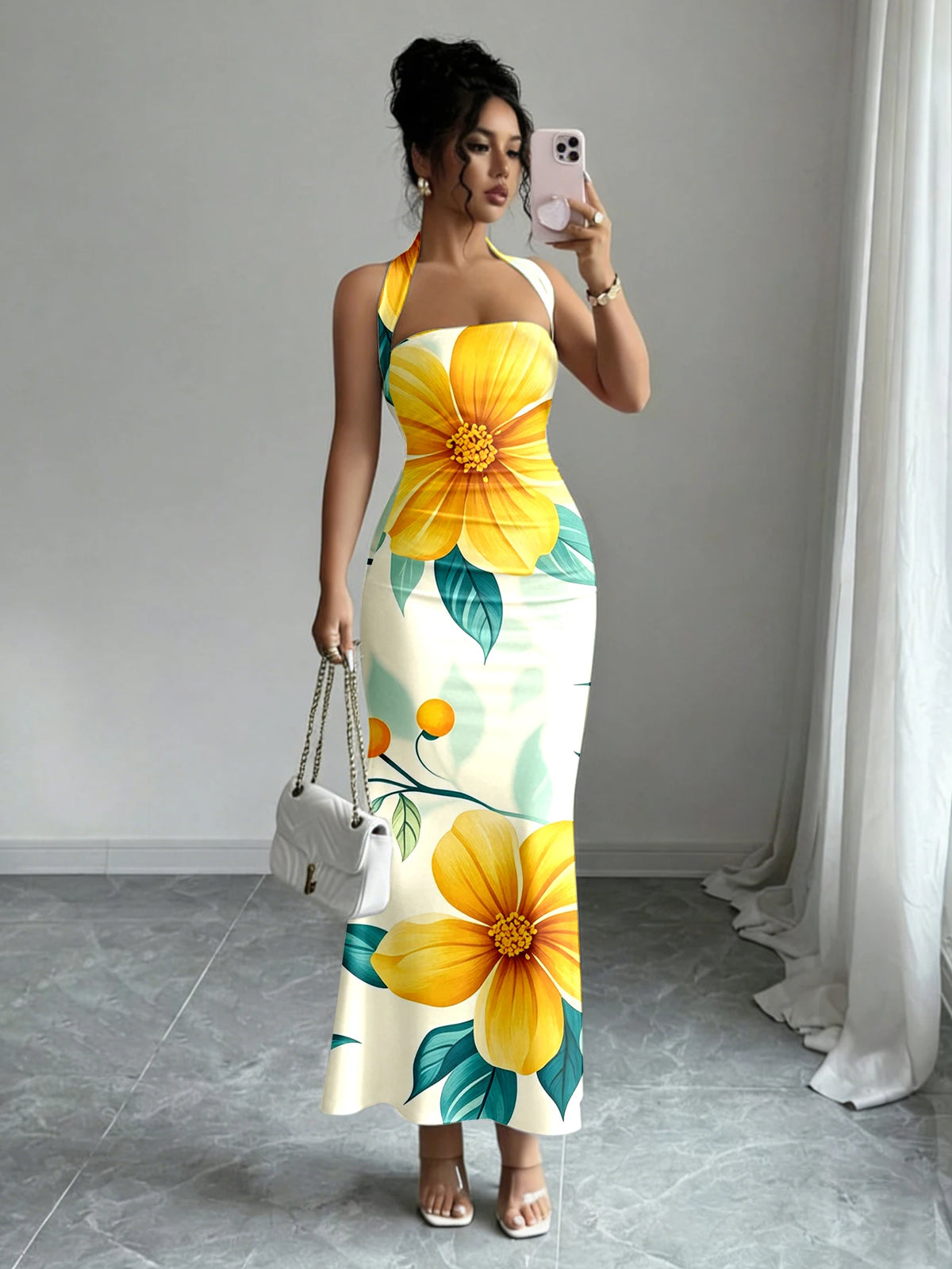Print Slash Neck Spaghetti Strap Sleeveless Zip Detail Regular Fit Sheath Ankle-Length Dress – Slight Stretch Polyester-Elastane, Summer Luxegan