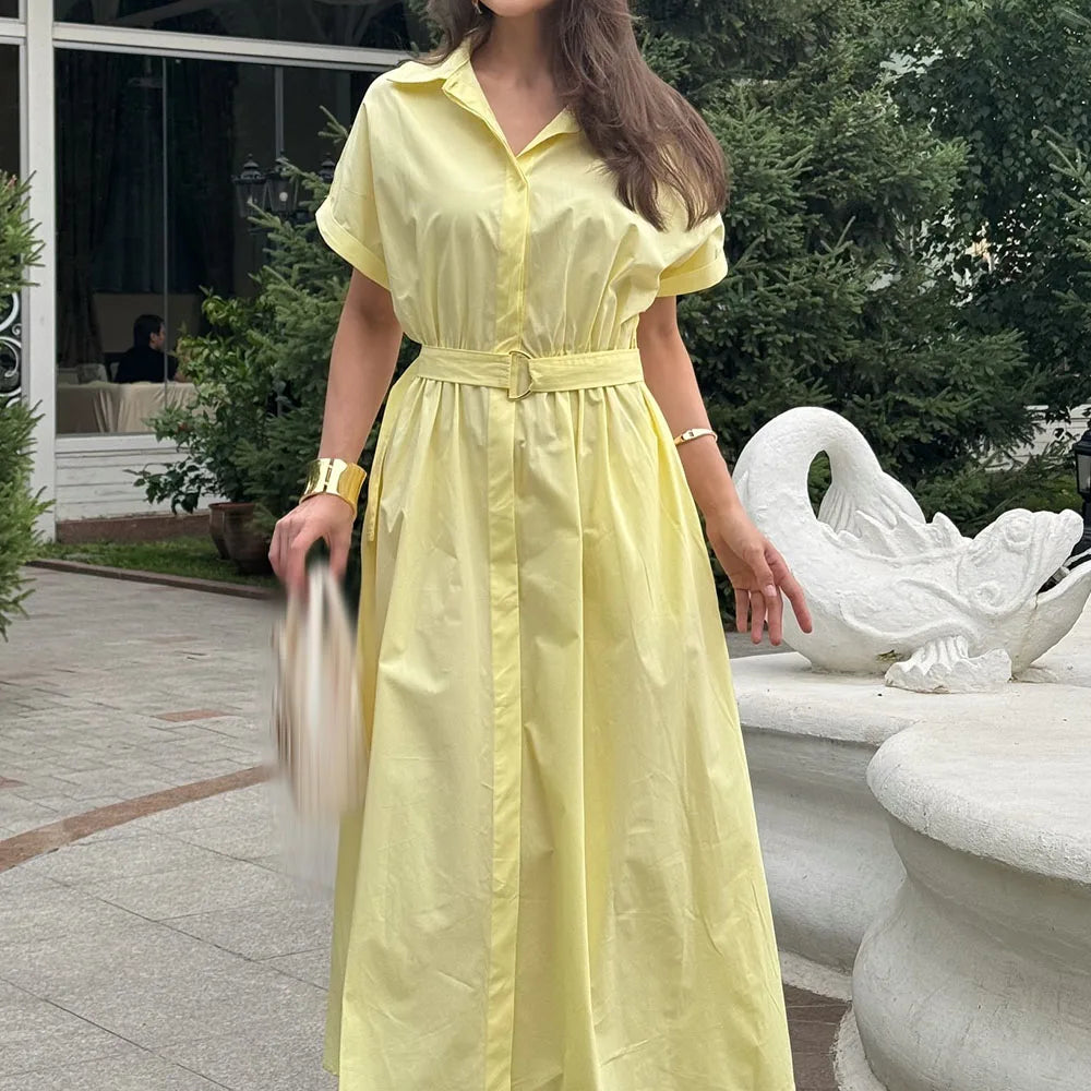 Sash Draped A-Line Evening Gown | V-Neck Short Sleeve Tea-Length Prom Dress Luxegan
