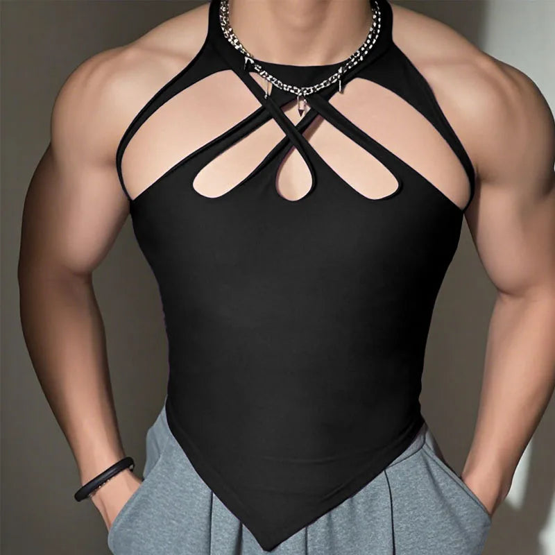Men’s Solid Color Hollow-Out Tank Top | Sophisticated "O-Neck" Sleeveless Silhouette | Elegant Summer Sexy Fashion Vest | "Dignified" High-Performance Knit Streetwear for Radiant Versatile Styling Luxegan