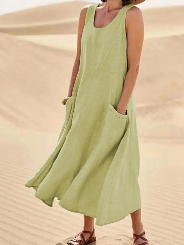 Women's Casual Cotton Linen Sundress | Summer Sleeveless Loose Sand Beachwear Maxi Dress | Elegant Double Big Pocket Oversized Long Dress | Premium High Stretch Regular Fit O-Neck Vestido Model LRFZ-818 Luxegan
