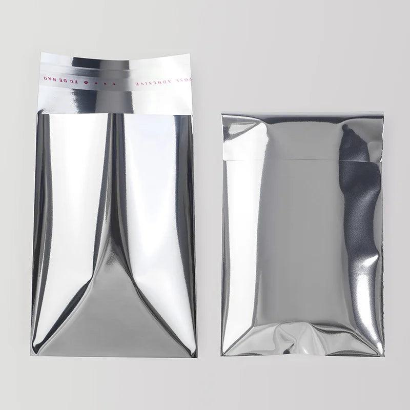 Premium Silver Self-Adhesive Gift Bags (100-Piece Set) | Luxury Customizable Logo Jewelry Packaging | Metallic Self-Sealing Holiday Party Favor Pouches Model 22 Luxegan