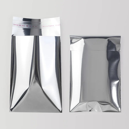 Premium Silver Self-Adhesive Gift Bags (100-Piece Set) | Luxury Customizable Logo Jewelry Packaging | Metallic Self-Sealing Holiday Party Favor Pouches Model 22 Luxegan