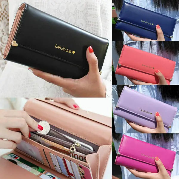 Women’s Premium PU Leather Trifold Wallet | Sophisticated Long Card Holder Clutch | Fashion-Forward Mobile Phone Purse | Elegant Solid Color Standard Wallet with Wristlet Capability Luxegan
