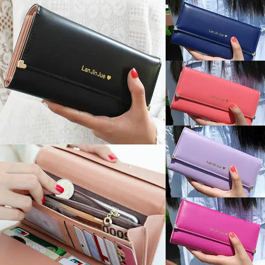 Women’s Premium PU Leather Trifold Wallet | Sophisticated Long Card Holder Clutch | Fashion-Forward Mobile Phone Purse | Elegant Solid Color Standard Wallet with Wristlet Capability Luxegan