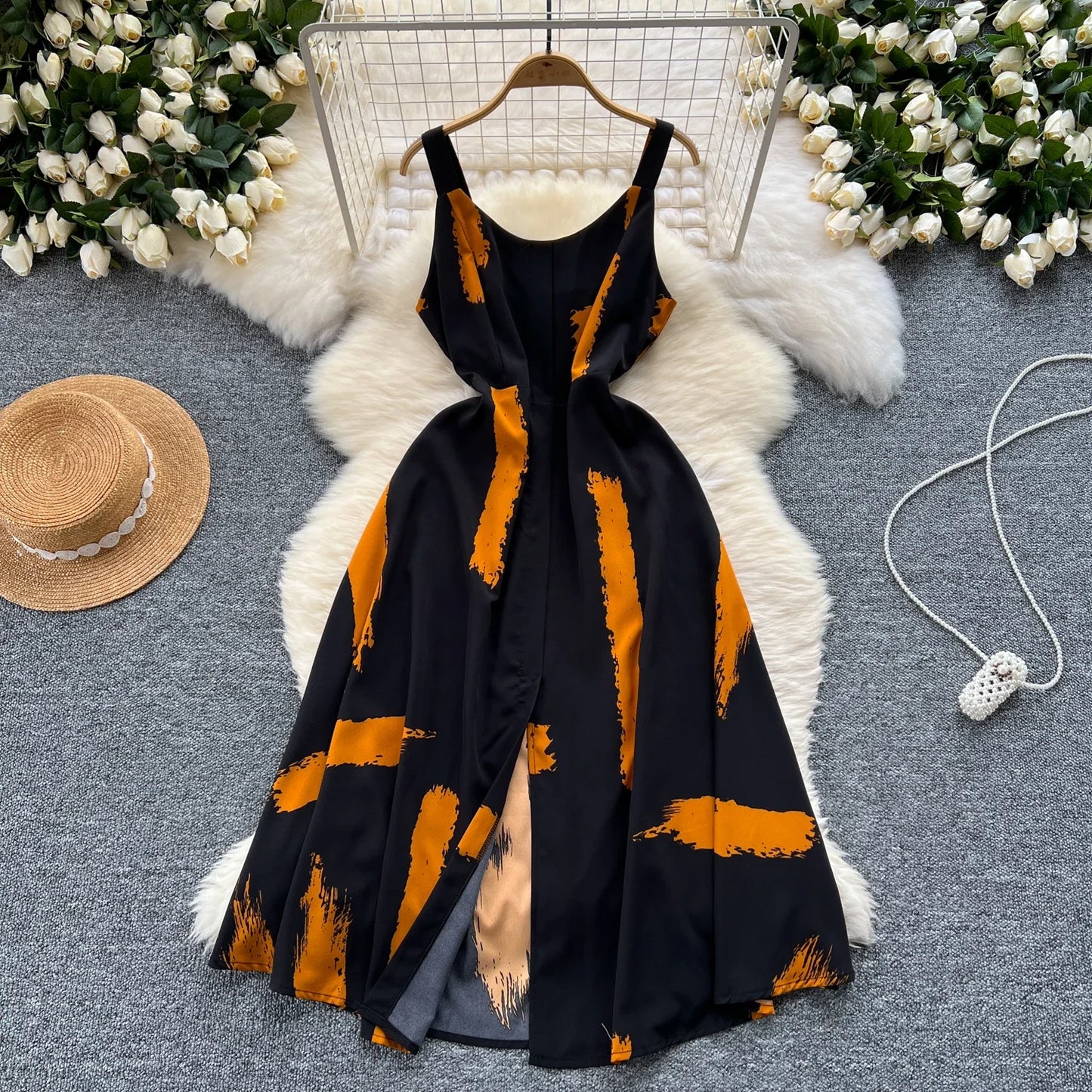 Women's Elegant Summer Print Midi Sundress | Sweet O-Neck Backless Vacation Beach Dress | High Waist Split Regular Fit Camisole Gown | Premium Tatting A-Line Spaghetti Strap Luxegan