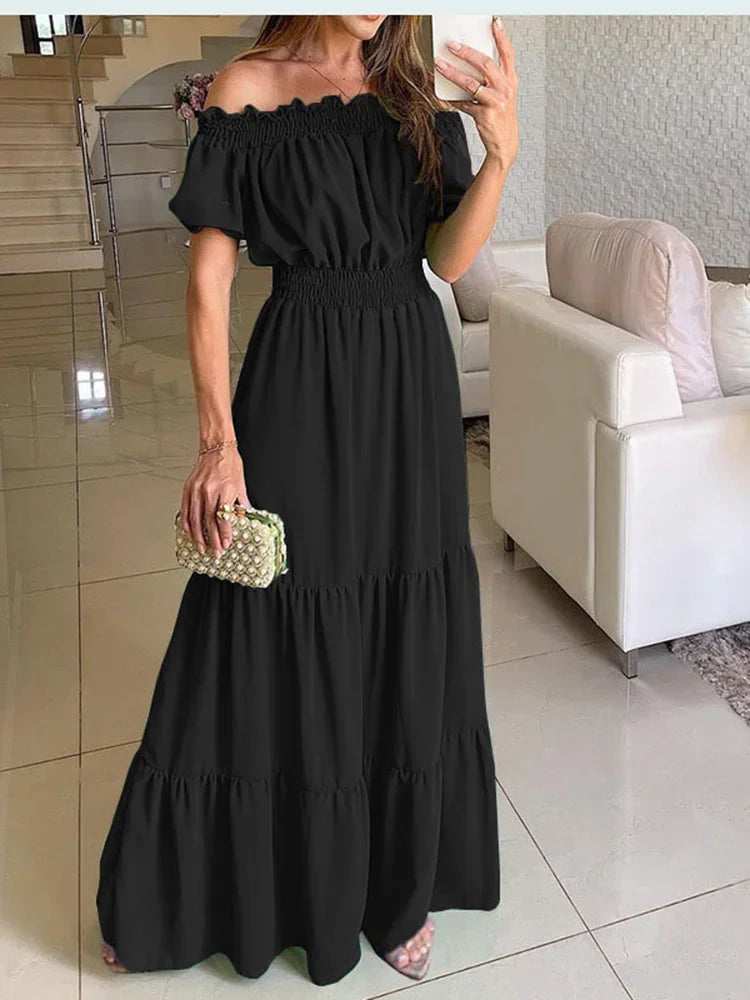 Solid Bohemian Slash Neck Short Sleeve Loose A-Line Ankle-Length Dress – Slight-Stretch Polyester-Elastane Blend, Natural Waist, Summer Luxegan
