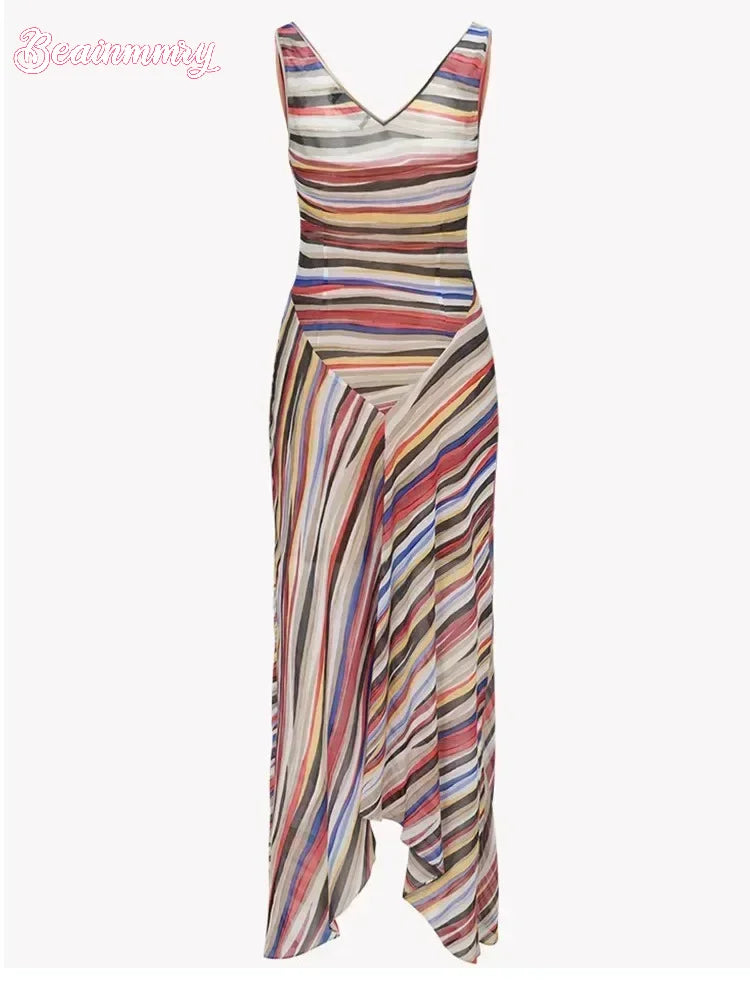 2026 Women Colorful Wavy Striped Maxi Dress Chic Swinging Collar Sleeveless Slim Waist Holiday Dresses Summer Lady Vacation Robe