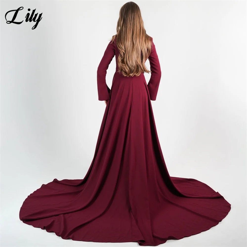 Lily Burgundy Elegant Prom Dresses High-Neck Long Sleeves Mermaid Evening Dresses Satin Muslim Formal Gowns Dubai  Customized