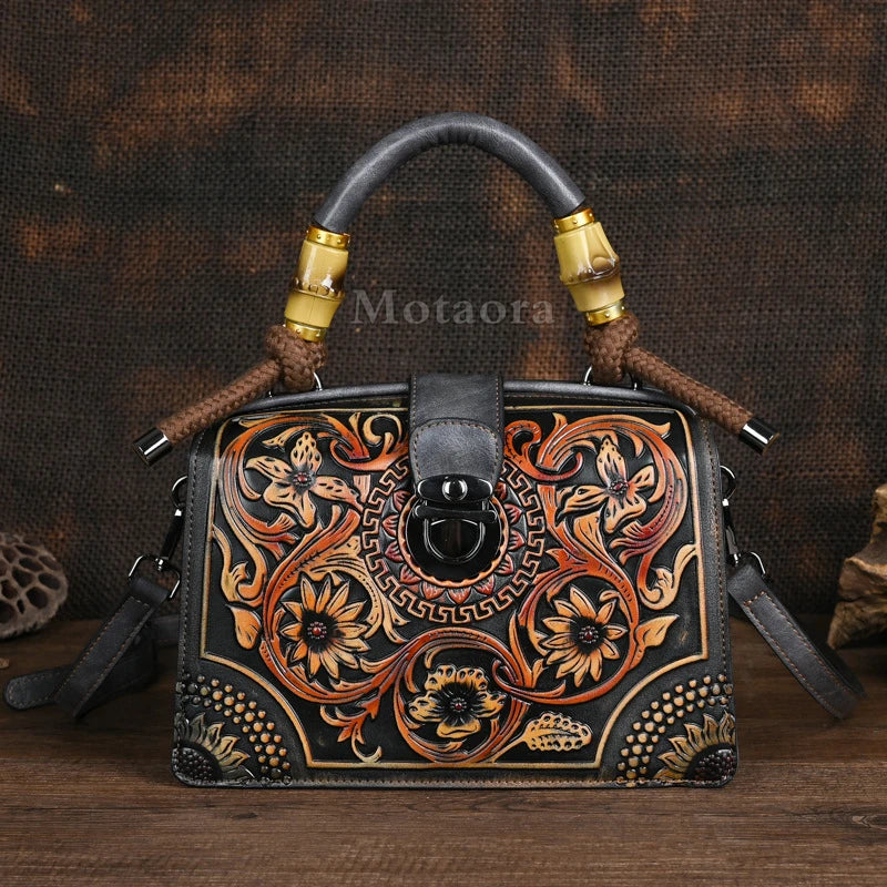 New Embossed Shoulder Bag For Women's | Vintage Handmade Handbag Female PU Leather Big Capacity Crossbody Bags Purse Luxegan
