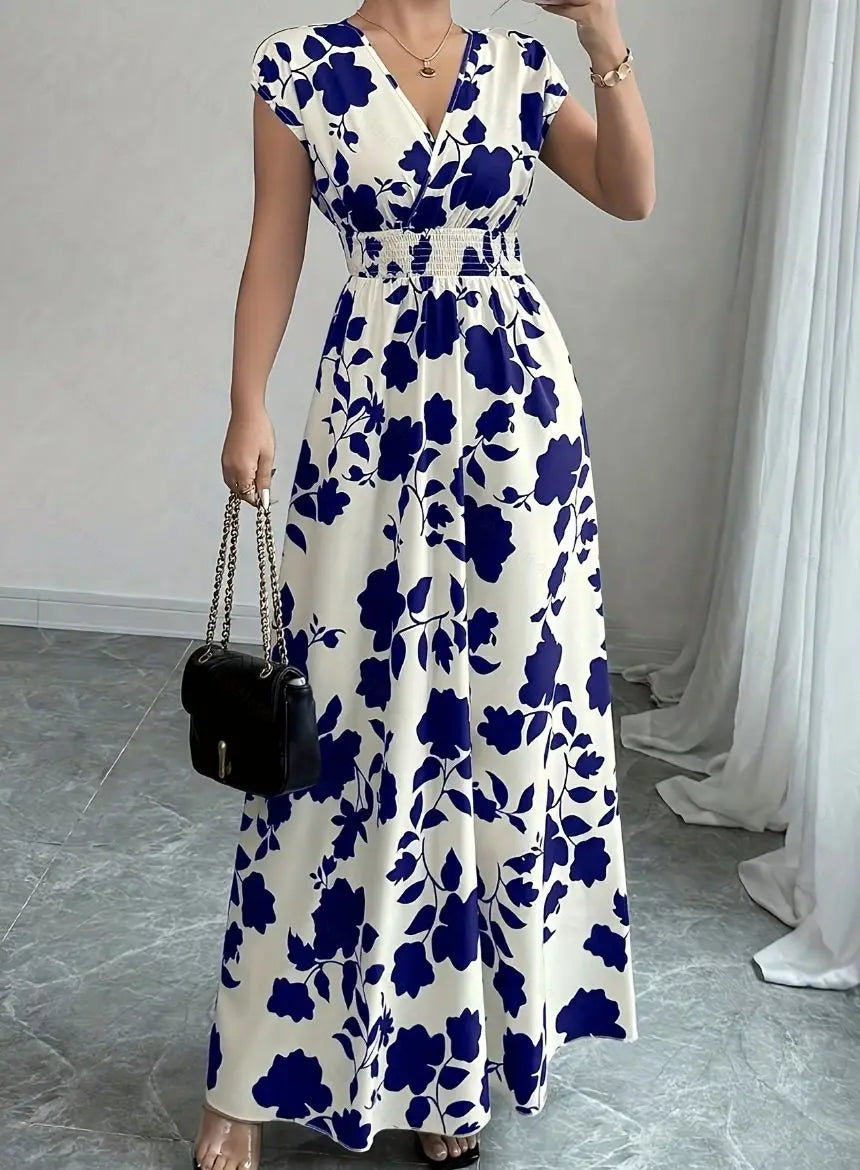 Print Casual V-Neck Short Sleeve Regular Fit Loose Knee-Length Dress – Polyester and Cotton, Natural Waist, Spring/Summer Luxegan