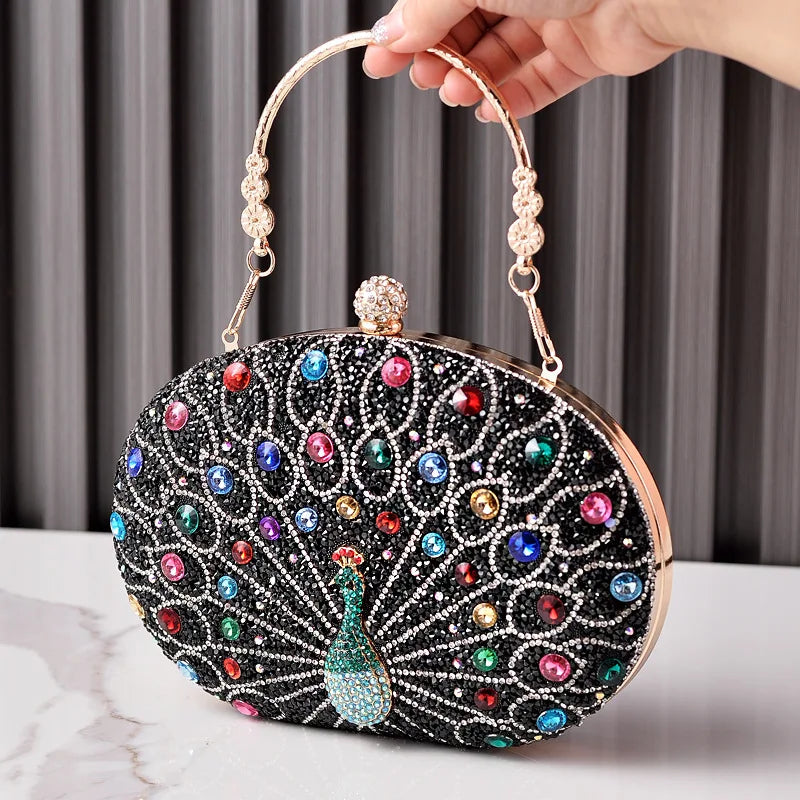 New Peacock Pattern Diamond Evening Bag | Luxury Rhinestone Evening Clutch & Purse | Sparkling Sequined Shell