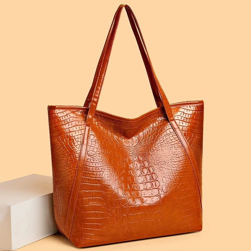 Large Stylish Black Crocodile Print PU Tote Bag for Women Luxegan