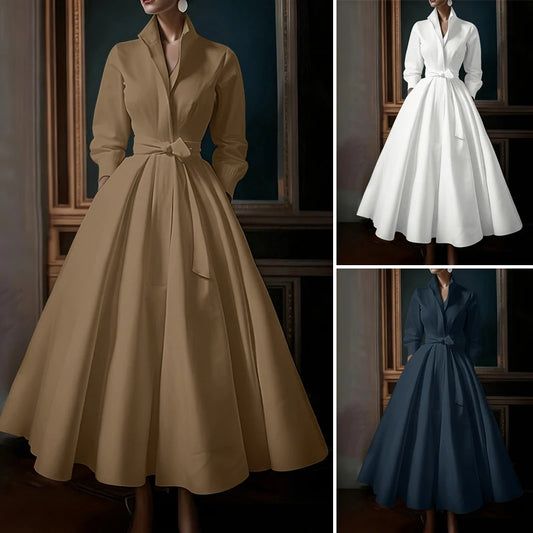 Lapel Neck Long Sleeve Belted A-Line Maxi Dress | Elegant Office Lady Vintage Sundress with Pockets Luxegan