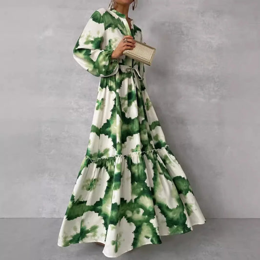 Green Print Puff Sleeve Maxi Dress – V-Neck, Lace-Up, Loose A-Line, Empire Waist Luxegan