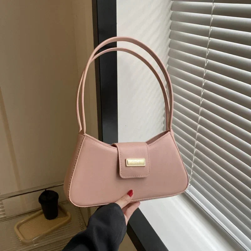 Minimalist Saddle Shoulder Bag | Sophisticated Simple Solid-Color Underarm Bag | Elegant Buckle-Detail Handbag | "Dignified" Structured Small Top-Handle Purse for Versatile Fashion Styling Luxegan