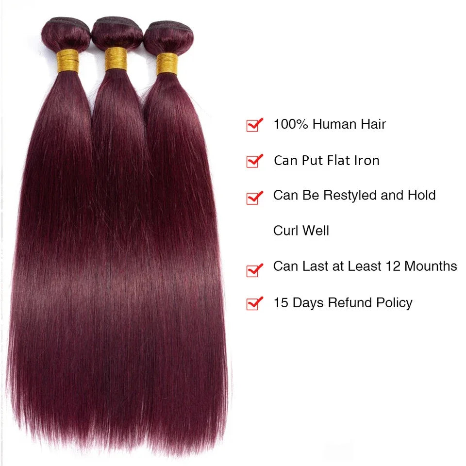 Brazilian Virgin Straight Hair Bundles – 1B/99J Burgundy Red 12A Grade 100% Human Hair Weave (1 - view 6