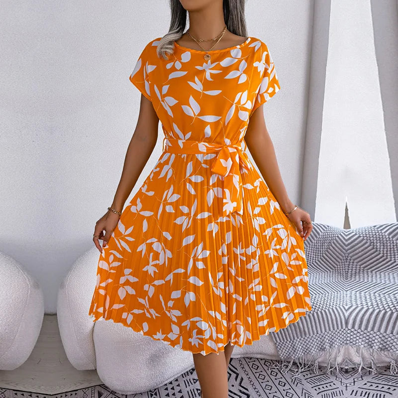 Floral Chiffon High-Waist A-Line Dress | Pleated O-Neck Short Sleeve Casual Dress | Elegant Empire Waist Summer Midi Dress Luxegan