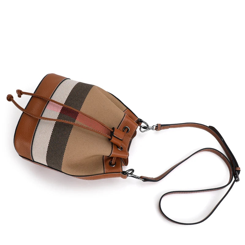 Checkered Plaid Canvas & Cowhide Bucket Bag | Women's Fashion Drawstring Crossbody | Caramel Leather Trimmed Shoulder Purse | Versatile Plaid Bucket Handbag Luxegan