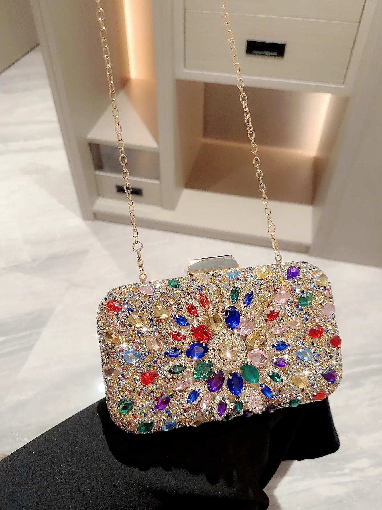 Popular Shiny Rhinestone Diamond Evening Bag | Sophisticated Classy Square Box Clutch | Elegant Beaded Minaudière Dress Bag | Fashion-Forward Rhinestone Chain Bag for Weddings and Galas Luxegan