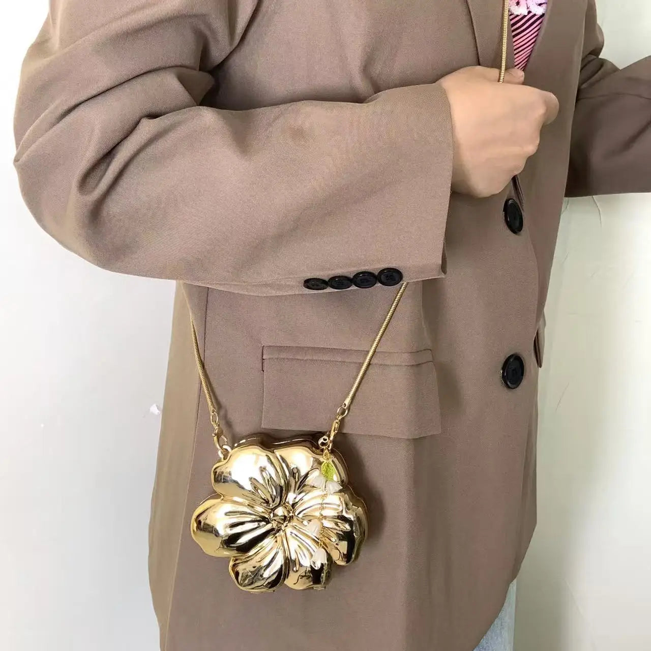 Rose Gold Acrylic Minaudiere with Lily of the Valley Charm | PVC Magnetic Messenger Bag Luxegan