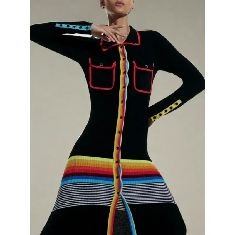 Contrast Color Striped Maxi Dress | Sophisticated Lapel Turn-Down Collar Silhouette | Elegant "Ankle-Length" Slim Party Gown | "Dignified" Buttoned High Street Dress for Radiant Versatile Styling Luxegan