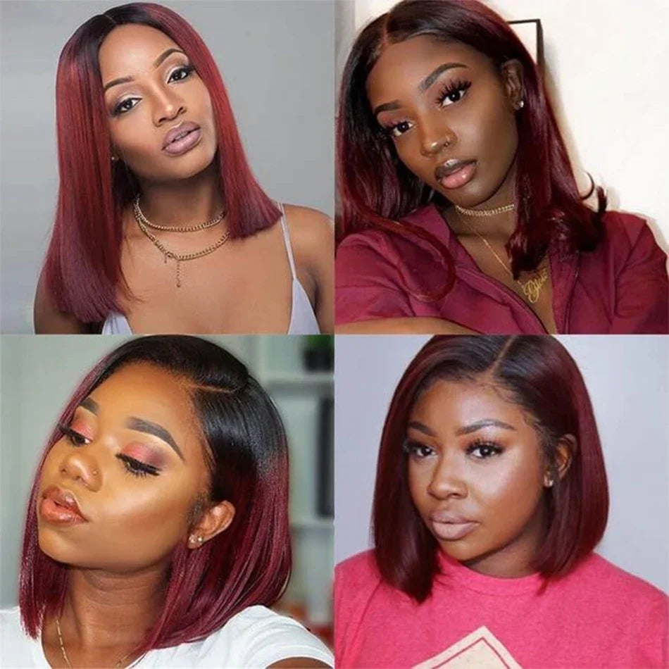 #1B/99J Ombre Burgundy Bone Straight Human Hair Bundles | 100% Brazilian Remy Virgin Hair Extensions | Machine Double Weft Wine Red Hair Weaving (1 / 3 / 4 Pcs Multipack) Luxegan