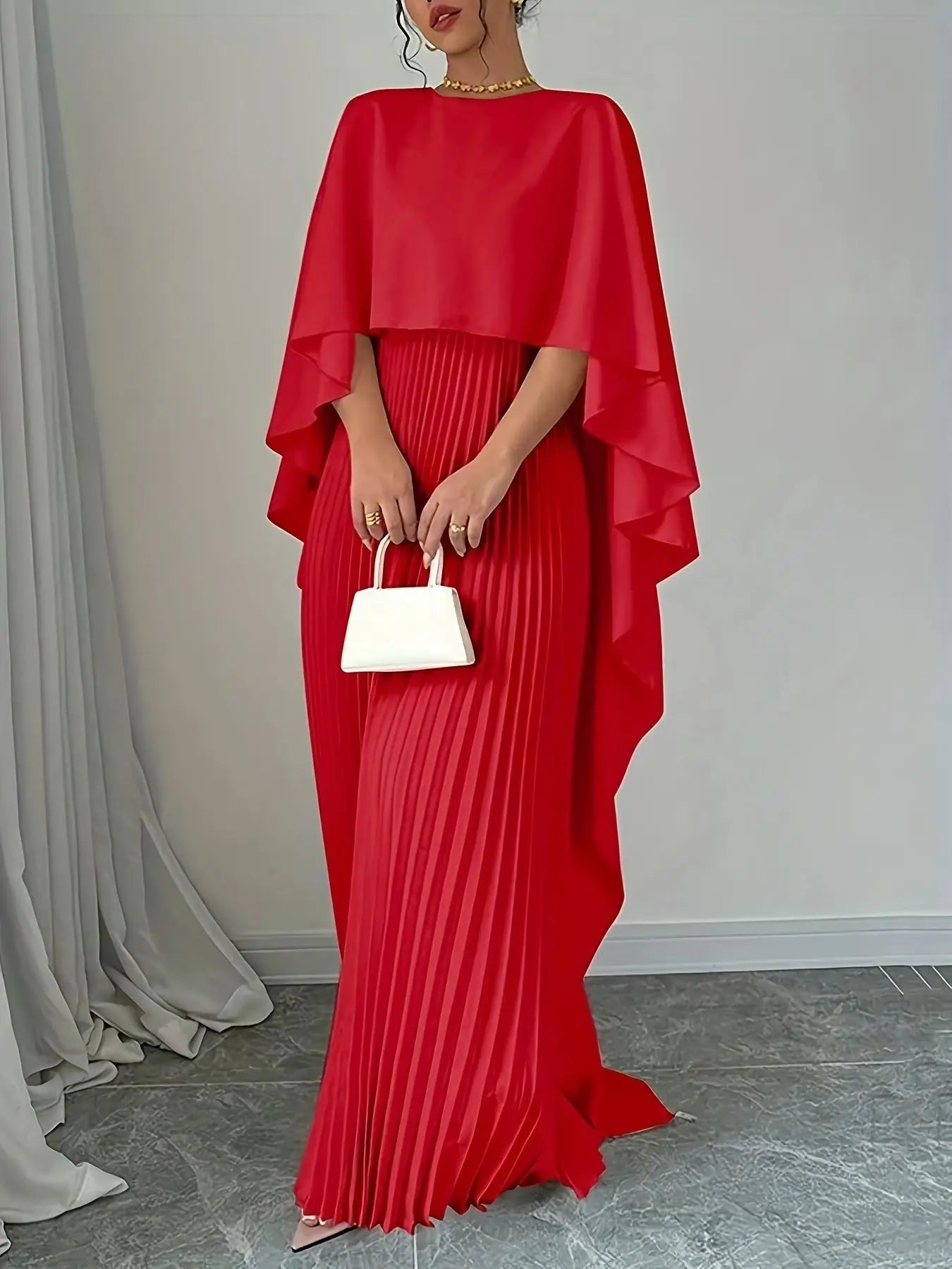 Women's Fashion Loose Bat Sleeve Long Dress | Elegant Spring Summer Curling Irregular Dress | Minimalist O-Neck Seven-Inch Sleeve Gown | Premium Acetate Slight Stretch Casual Floor-Length Vestido
