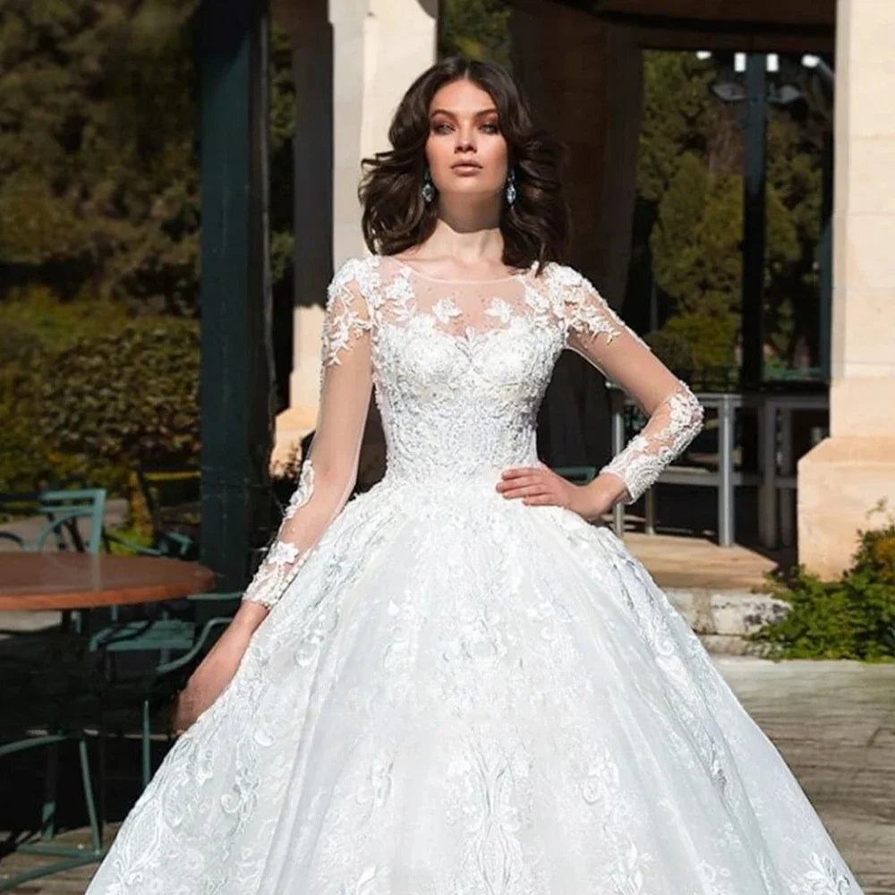 Customized Wedding Dresses Long Sleeve Bride Dress Lace Appliques Scoop Bridal Gown Vestidos De Novia